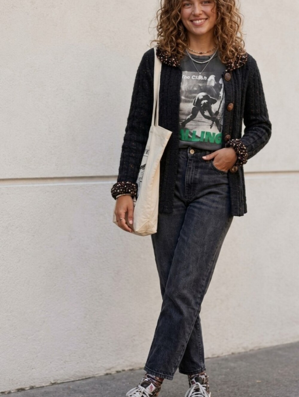 Vintage Black Knit Sweater Jacket with Artistic Collar and Cuffs